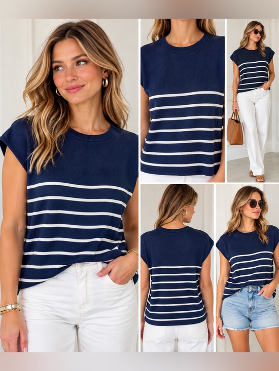 Ekouaer Tops - EKOUAER Navy White Striped Knit Cap Sleeve Sweater Top M